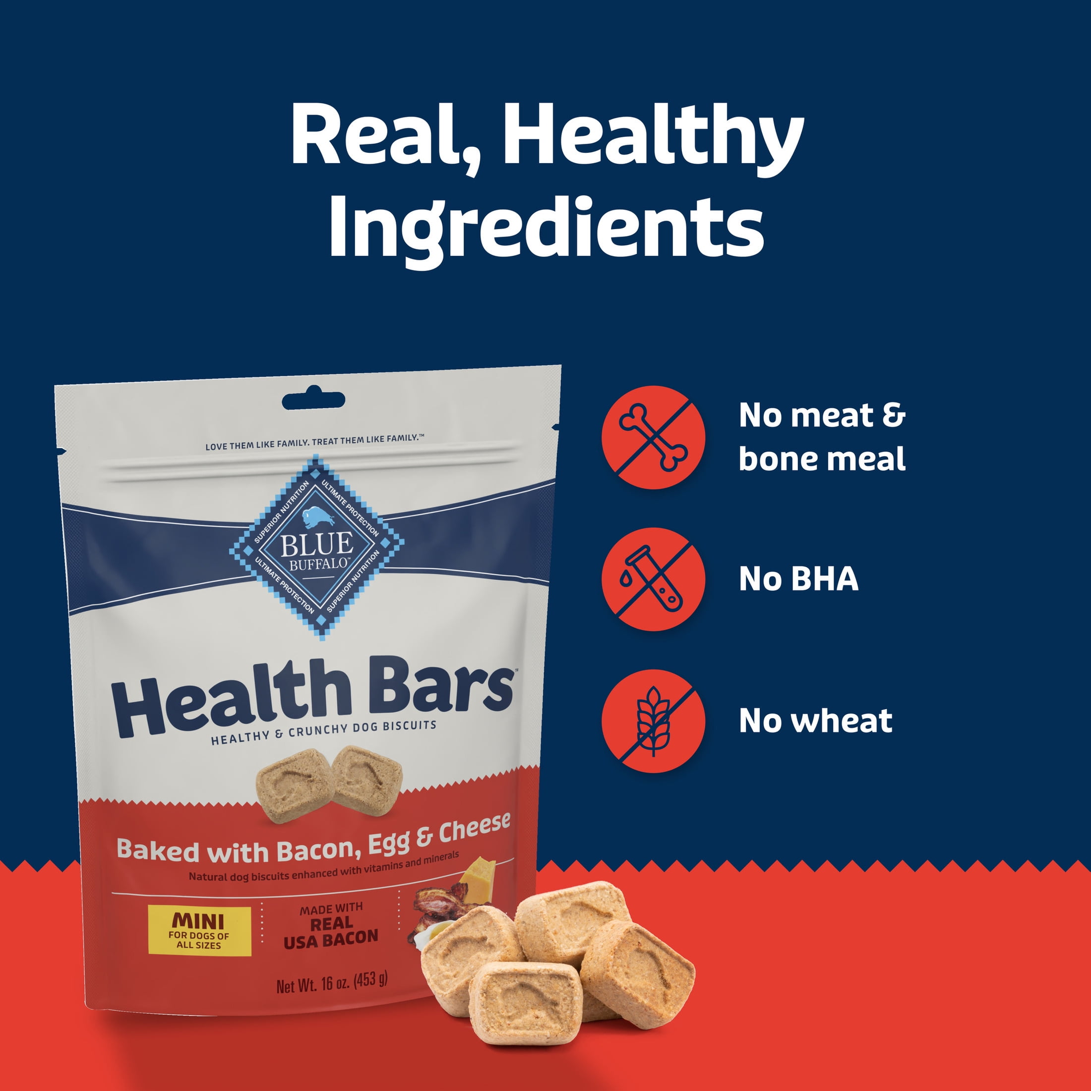 (4 pack) Blue Buffalo Health Bars Mini Crunchy Dog Biscuits, Oven-Baked with Natural Ingredients, Bacon, Egg & Cheese, 16-oz Bag