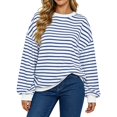 thumbnail image 3 of Arlun Womens Striped Oversized Sweatshirts Trendy Color Block Crew Neck Long Sleeve Casual Loose Pullover Top Comfort Drop Shoulder Fashion Fall Vacation Hoodless Sweatshirt 1-Blue S, 3 of 5