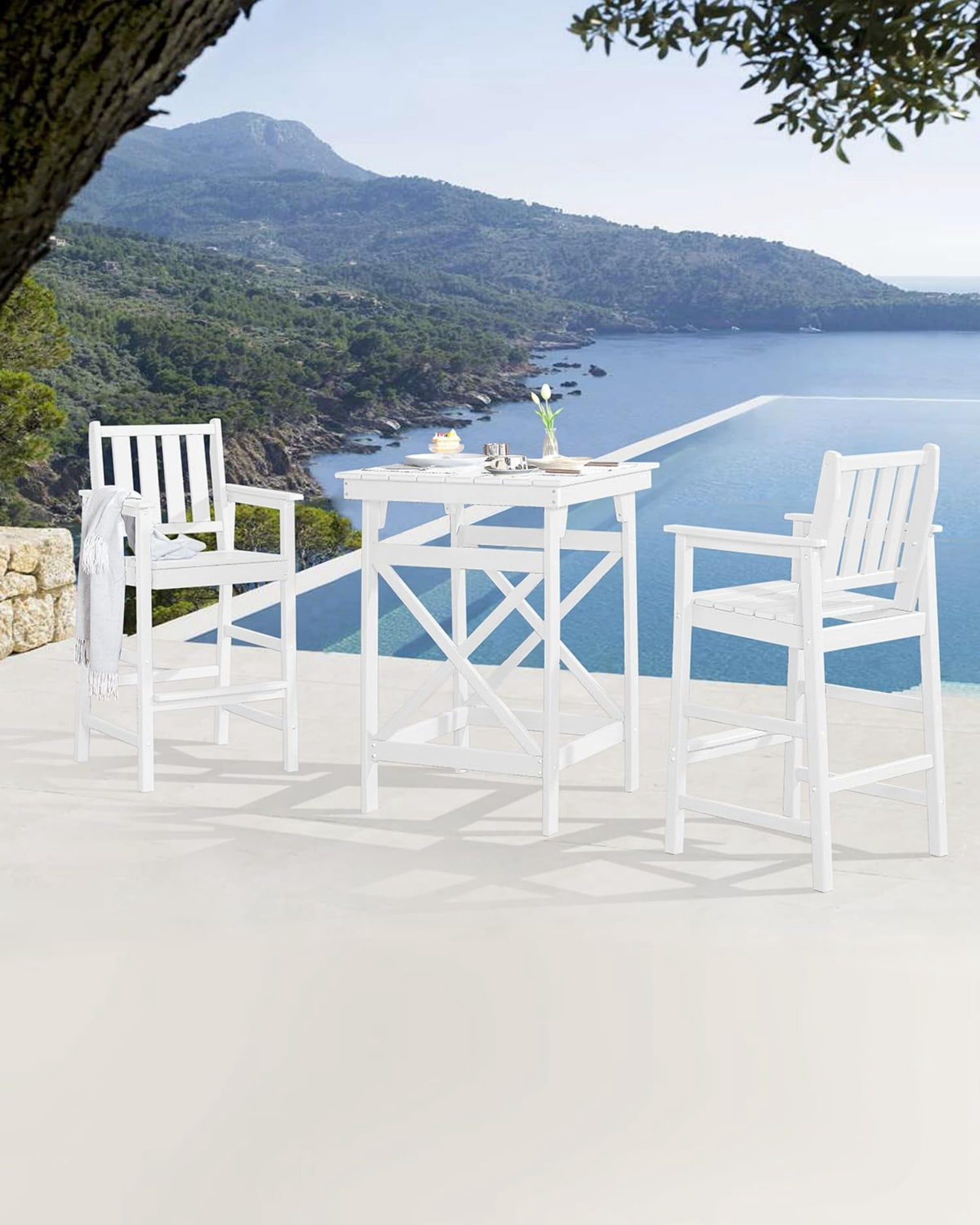 3-Piece Adirondack Bar Table Set, HDPE Outdoor Bar Height Chairs and Table Set, All Weather Patio Bar Furniture for Balcony, Porch, Garden, Poolside, Pearl
