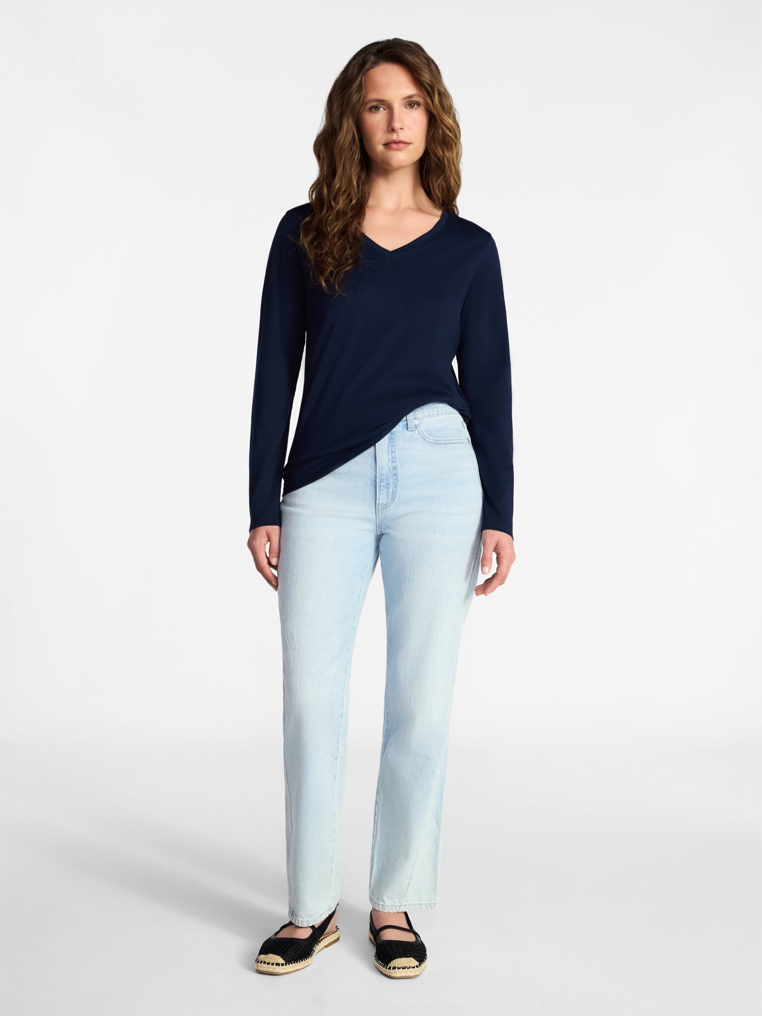 Time and Tru Women's Cotton V-Neck Tee with Long Sleeves, Sizes XS-XXXL