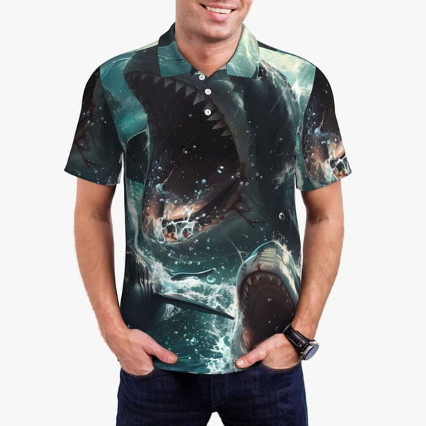 Fotbe Wave Ocean Animal Shark Camiseta Polo de Golf para Hombre con Estampado – Camisa Deportiva Transpirable con Cuello Abotonado-3X-Large
