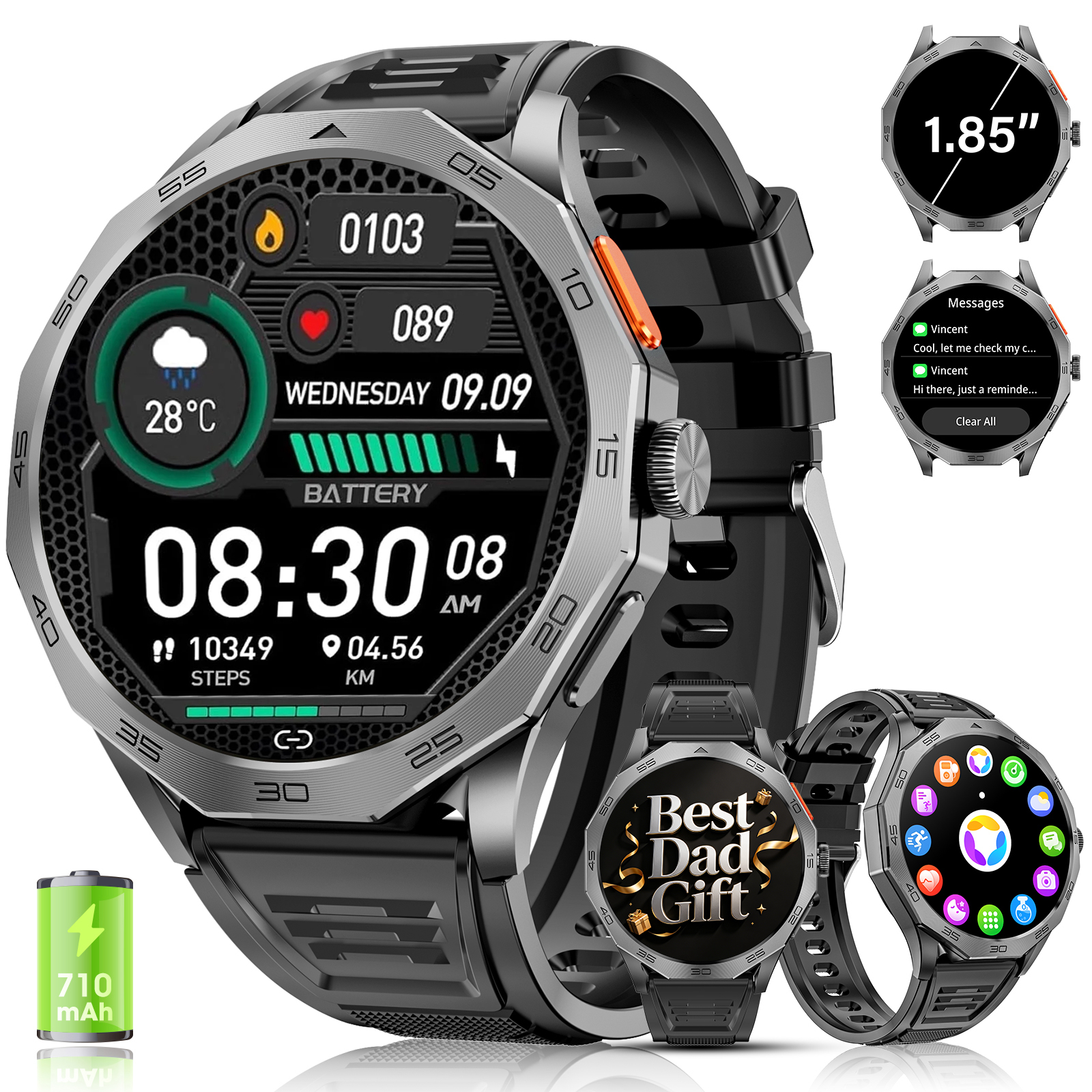 Haulvean Military Smart Watch for Men, 1.85-inch fits for Android and Iphone Devices, with Answer/Make Calls/100+ Sport Modes, Fitness Tracker Watches (Black)