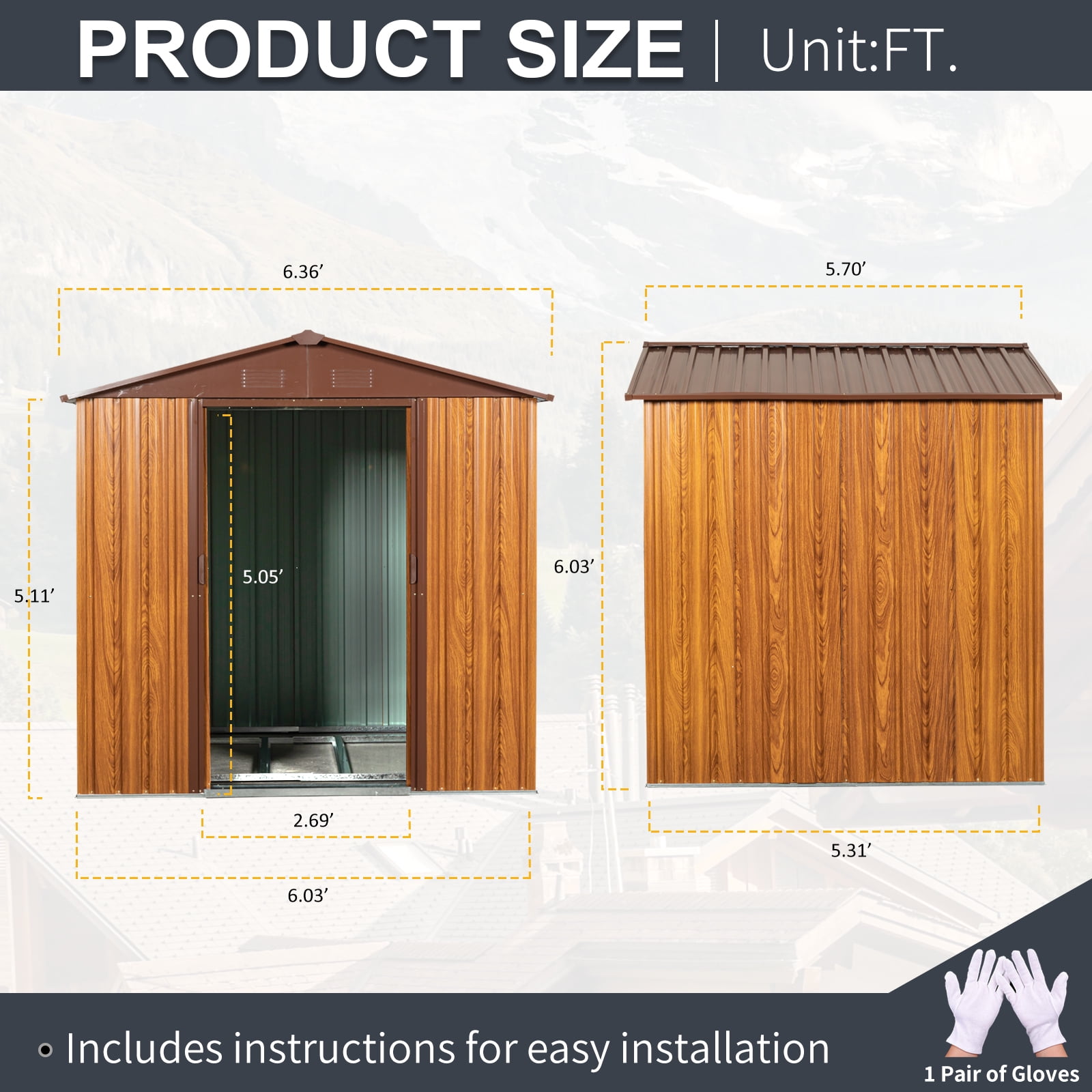 CarButler 6x6ft Metal Outdoor Storage Shed with Lockable Sliding Doors for Garden Backyard Patio Lawn coffee