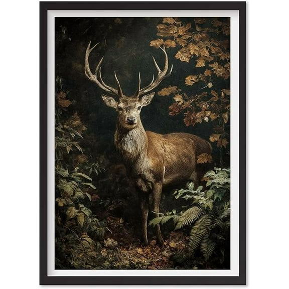 Country Deer William Morris Wall Art Print or Canvas, Vintage Animal Buck Gift for Him Cottagecore Dark Academia Decor Mid Century Botanical