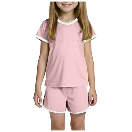 PEASKJP Toddler Girl Outfit Toddler Baby Girl Clothes Summer Short Sleeve T Shirt Tops Cute Infant Ruffle Ribbed Knit Shorts Outfits Set Pink 3-4 Years