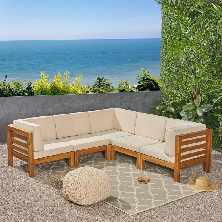 GDF Studio Ravello Outdoor V-Shaped Acacia Wood Sectional Sofa Set