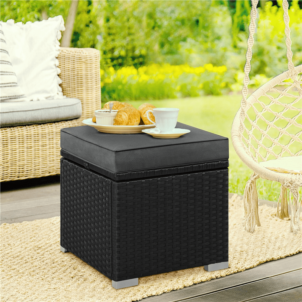 Renwick Wicker Patio Storage Ottomans with Cushions, Set of 2, Black/Gray