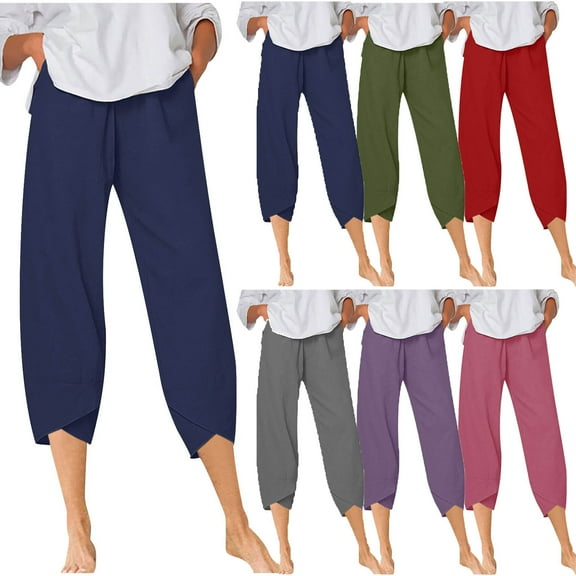Up to 65% off! Linen Pants Women Summer Bohemian Beach Plus Size Casual Loose High Waisted Capris Fashion Elastic Waist Solid Wide Leg Pants with Pocket S-3XL