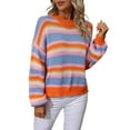 thumbnail image 2 of 2024 Women Round Neck Sweater Winter Puff Sleeve Knit Tops Loose-Fit Colorful Stripe Casual Pullover, 2 of 9