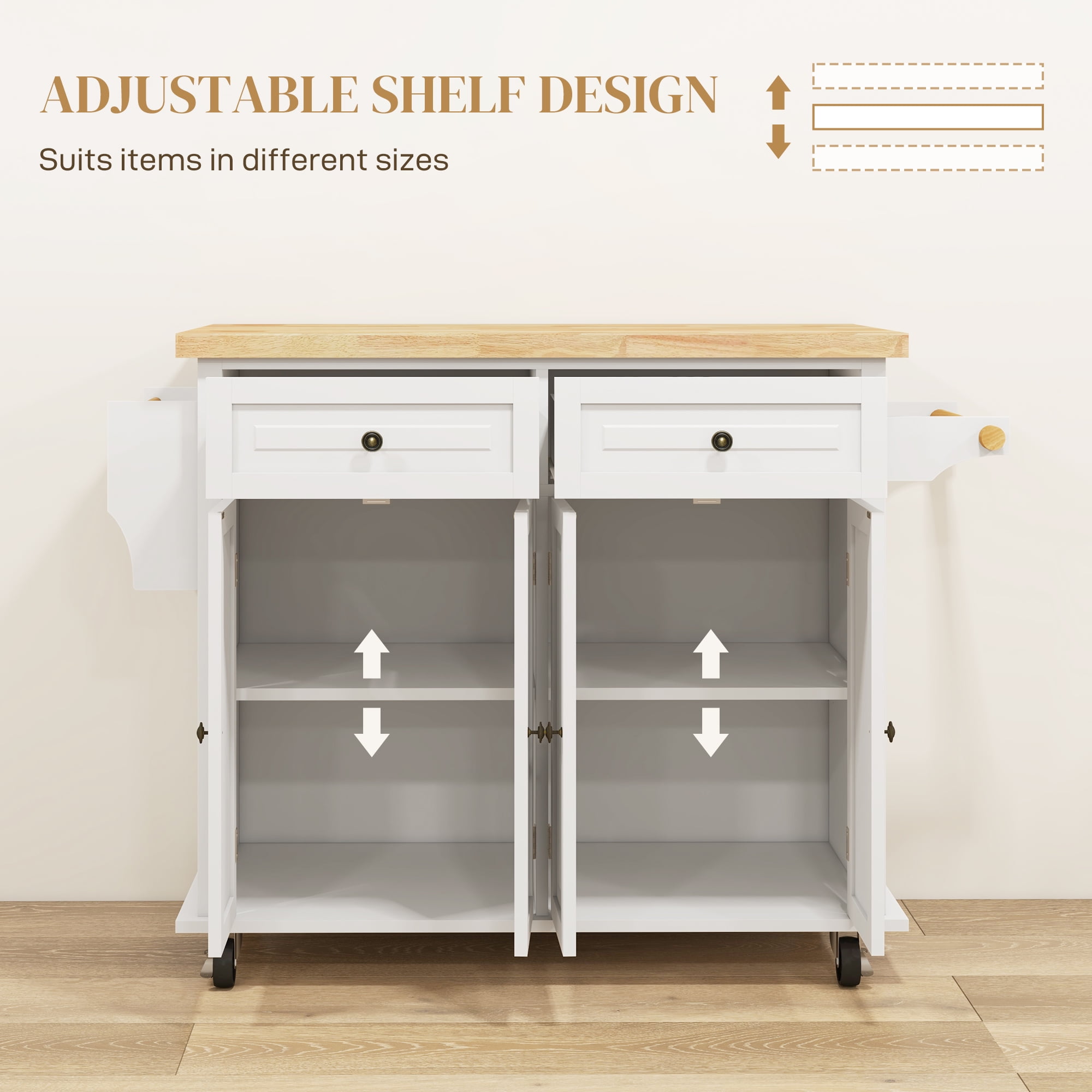 HOMCOM Kitchen Island on Wheels, Rolling Cart with Rubber Wood Top, Spice Rack, Towel Rack & Drawers for Dining Room, Cream White
