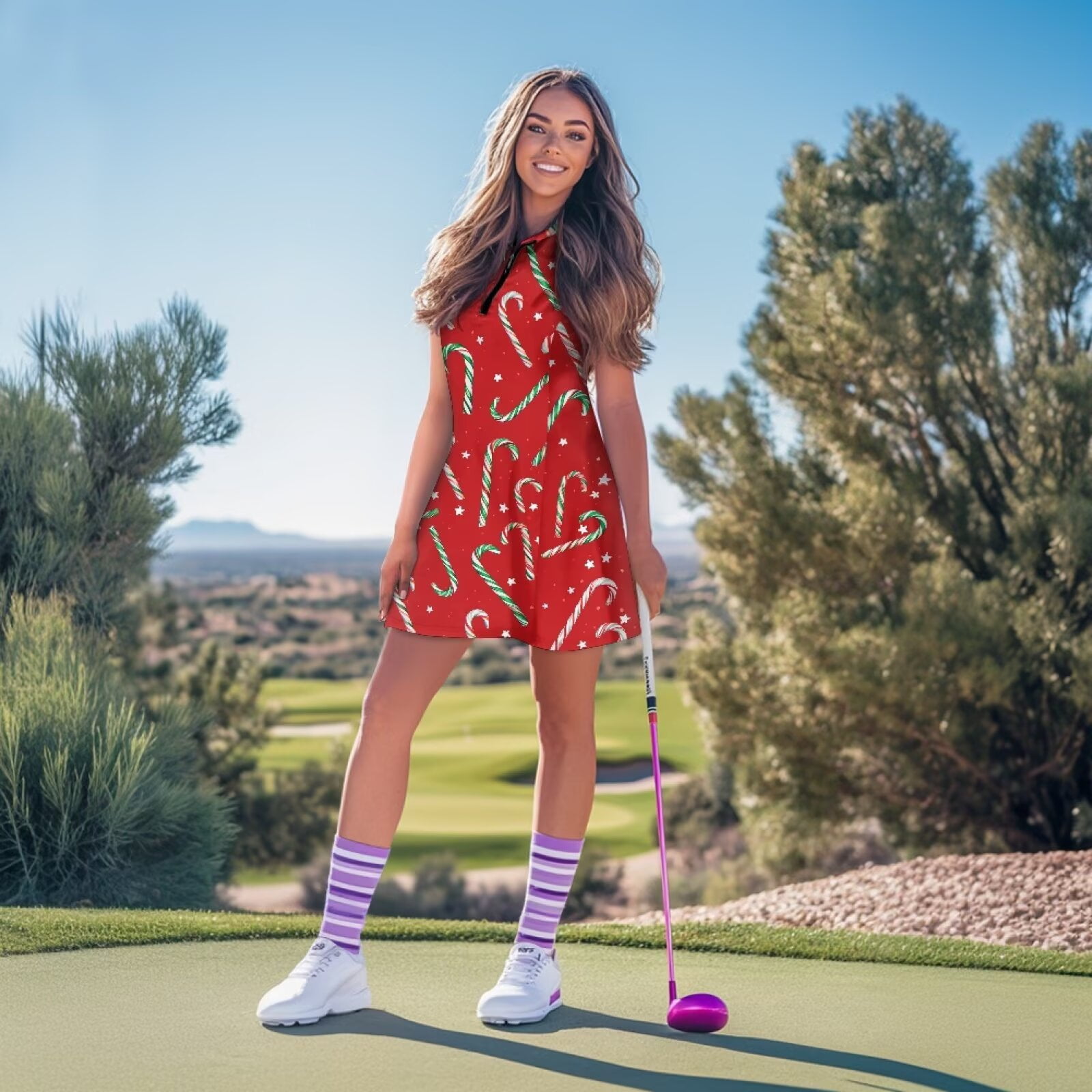 Yuyamidu Candy Canes Tennis Dress with Built in Shorts, Red Christmas Sleeveless Athletic Dress for Women Golf Athletic Dresses with Pockets Golf Outfits Size L