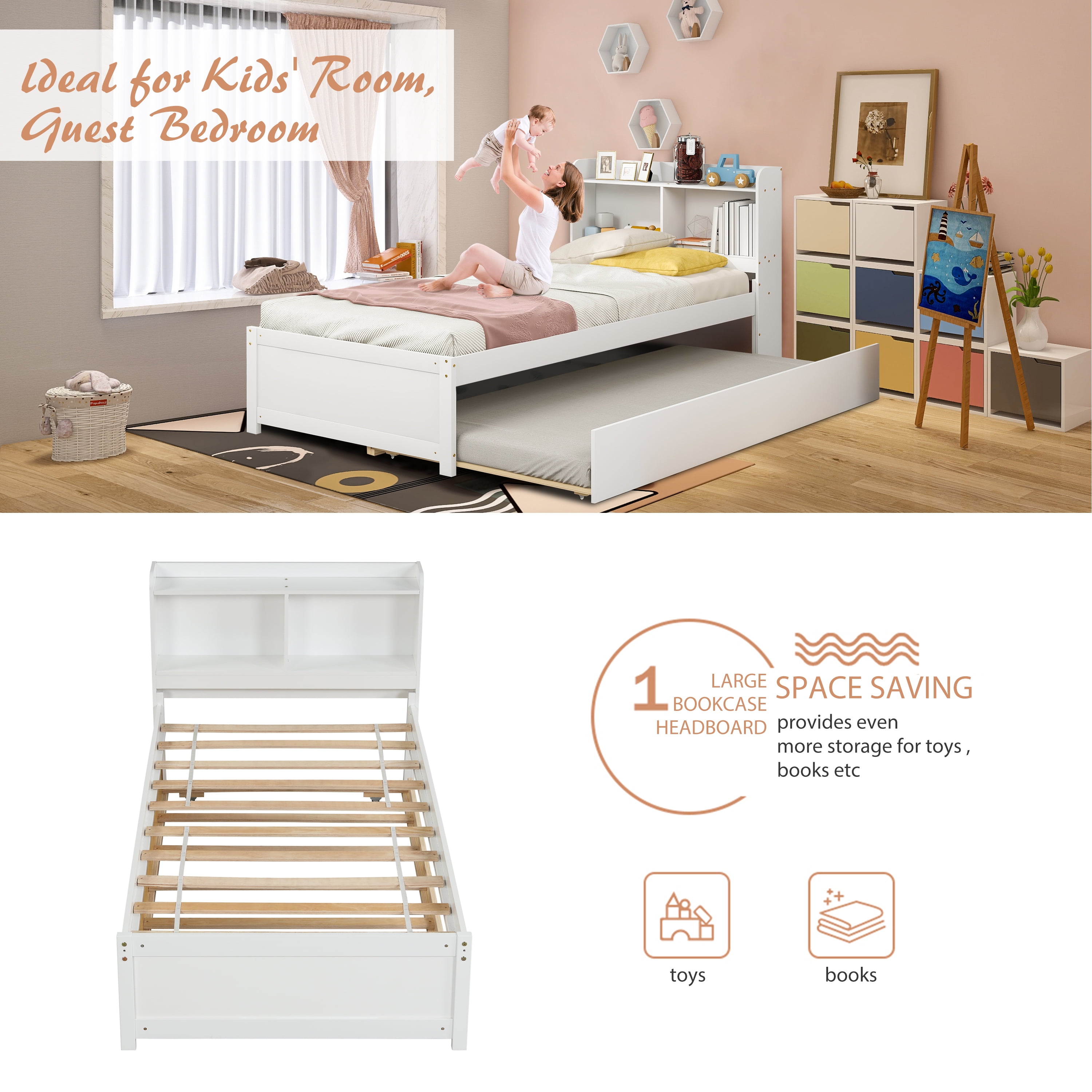 uhomepro Twin Bed with Trundle Twin Size Platform Bed with Bookcase Headboard and Pull Out Trundle Bed Wooden Twin Bed Frame with Storage Shelves