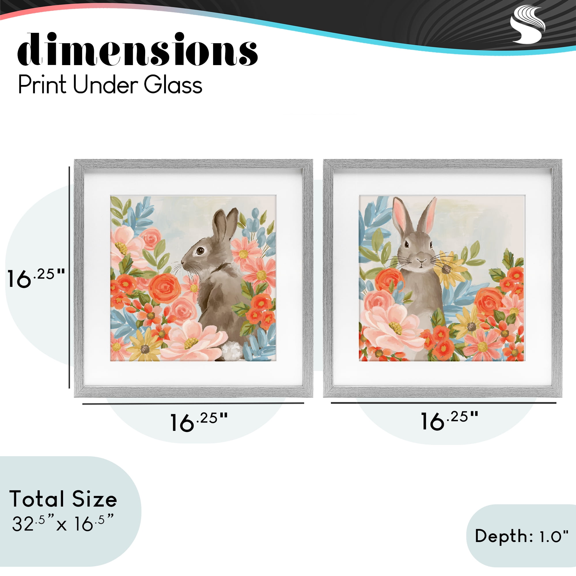 Stupell Industries Bright Bunny Blooms 2 Piece Gray Framed Print Under Glass Set, design by Cat Thurman Designs