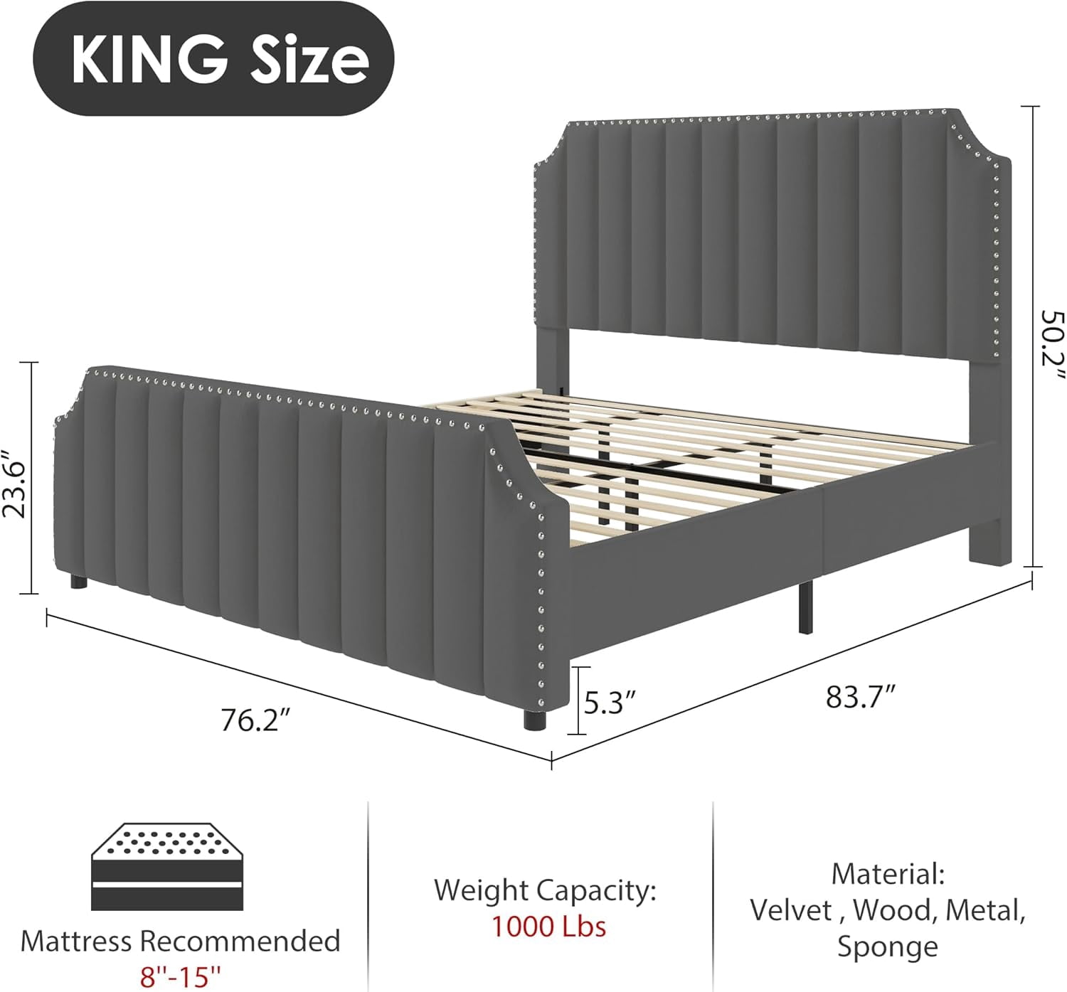 King Size Platform Bed Frame with 50.2 in Headboard, Velvet Upholstered Bed Frame King with Vertical Channel Tufted Headboard & Footboard, Nailhead Trim, No Box Spring Needed, Grey