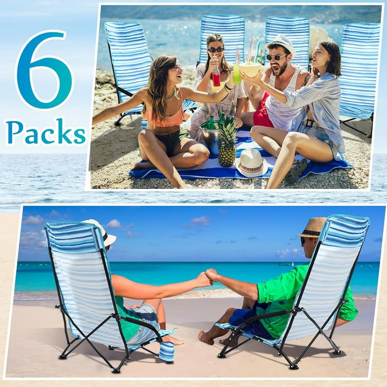 6 Pack Low Beach Chairs Portable Lightweight Folding Chair for Adults Low Seat Camping Chairs with Cup Holder Carry Bag for Outdoor Beach Lawn Sand Picnic Travel High Back Blue Strips Walmart