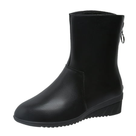 

nsendm Wide Boots for Women plus Size Ladies Fashion Solid Color Leather Back Zipper Booties Women Boots Medium Heel Shoes Black 6.5