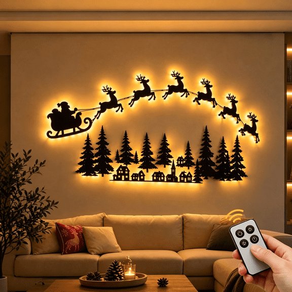 Clearance! Santa Soar Floating Sleigh LED Lights, Wooden Flying Santa Sleigh and Reindeer Wall Lamps, Wood Christmas Wall Art Night Light