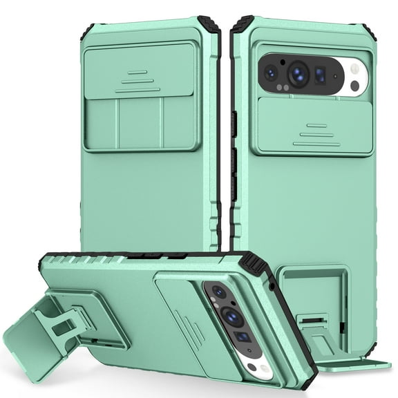 ELEHOLD Case for Google Pixel 9 Pro XL, Shockproof Full Body Case Built in Slide Camera Lens Cover & Invisible Kickstand,Lightblue