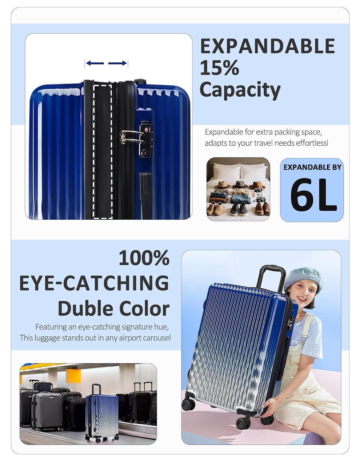 20 Inch Expandable Hardshell Carry-on Luggage with 360 °   Spinner Wheels TSA Lock Gradient PC+ABS Shell Royal Blue