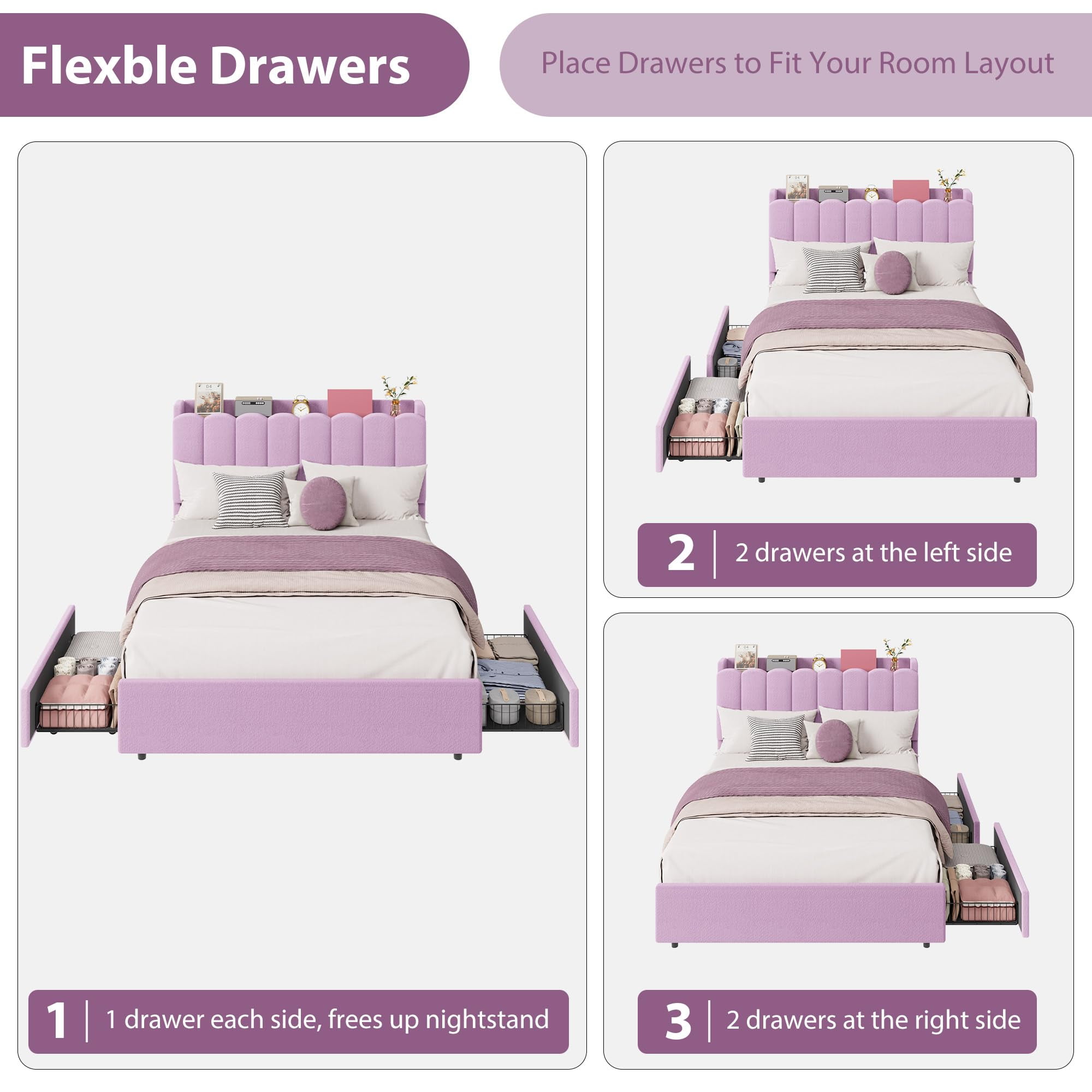 Bed Frame with 2 Storage Drawers, Upholstered Bed Frame Queen Size with LED Lights Headboard, No Box Spring Needed, Easy Assembly