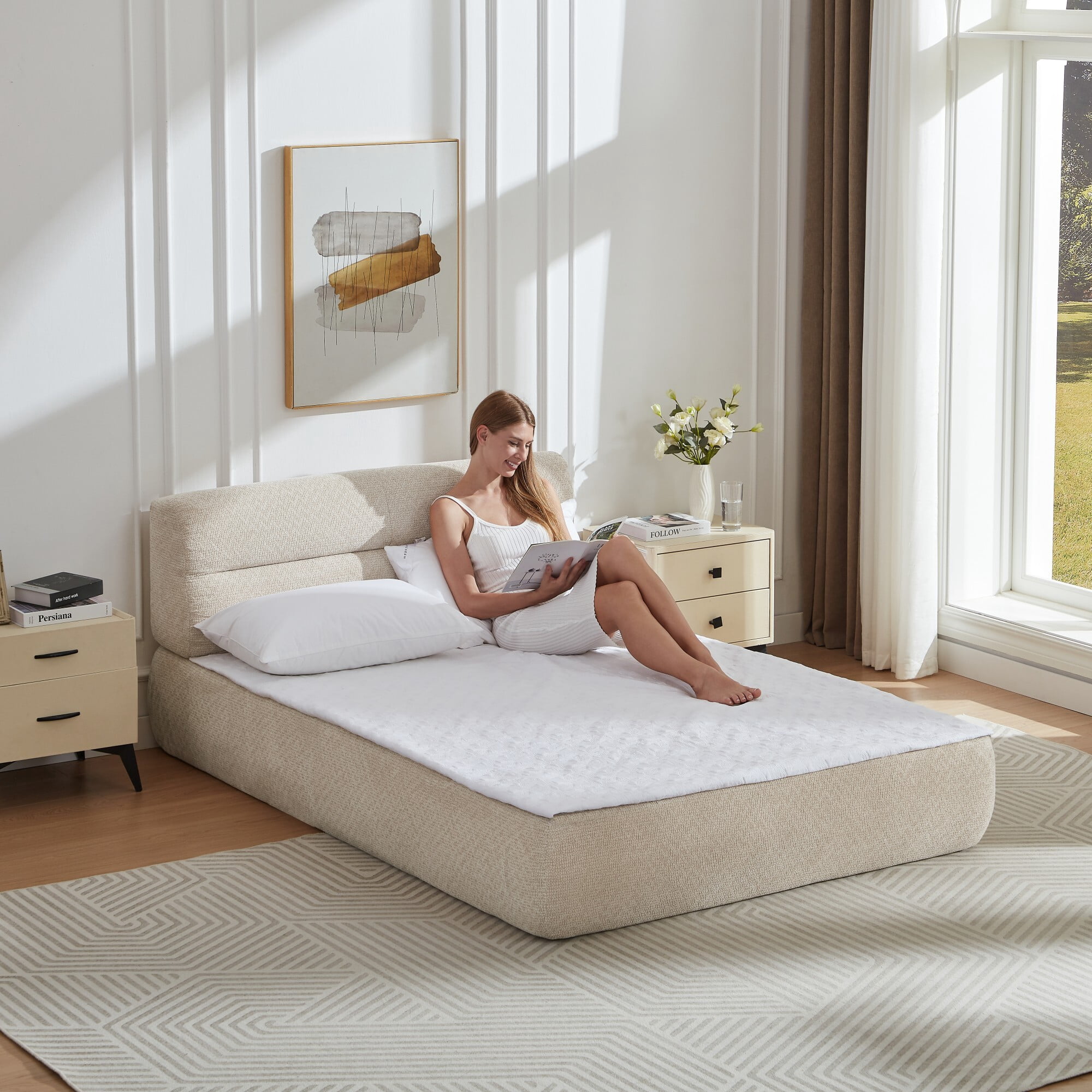 DEALTOPS Modern Upholstered Chenille Bed, Compressed Platform Bed with Spring Support, No Assembly, Beige