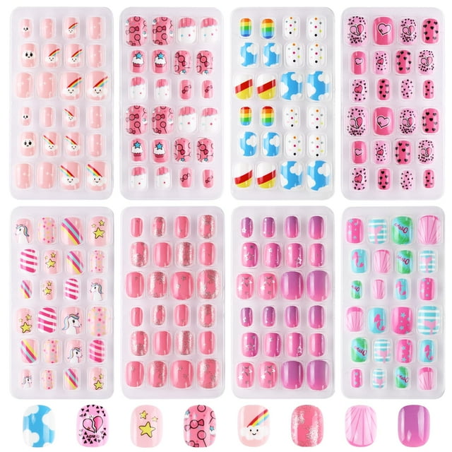 Jsiallye Uñas a presión para niños, 192 piezas de uñas postizas para niñas, coloridos patrones de nubes de flamencos y unicornios, de 7 a 12 años, uñas a presión para regalos de niños