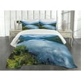 thumbnail image 3 of Ambesonne Nature Quilted Bedspread Set 3 Pcs, Wooden Cabins Norway, Queen Size, Blue Green, 3 of 5