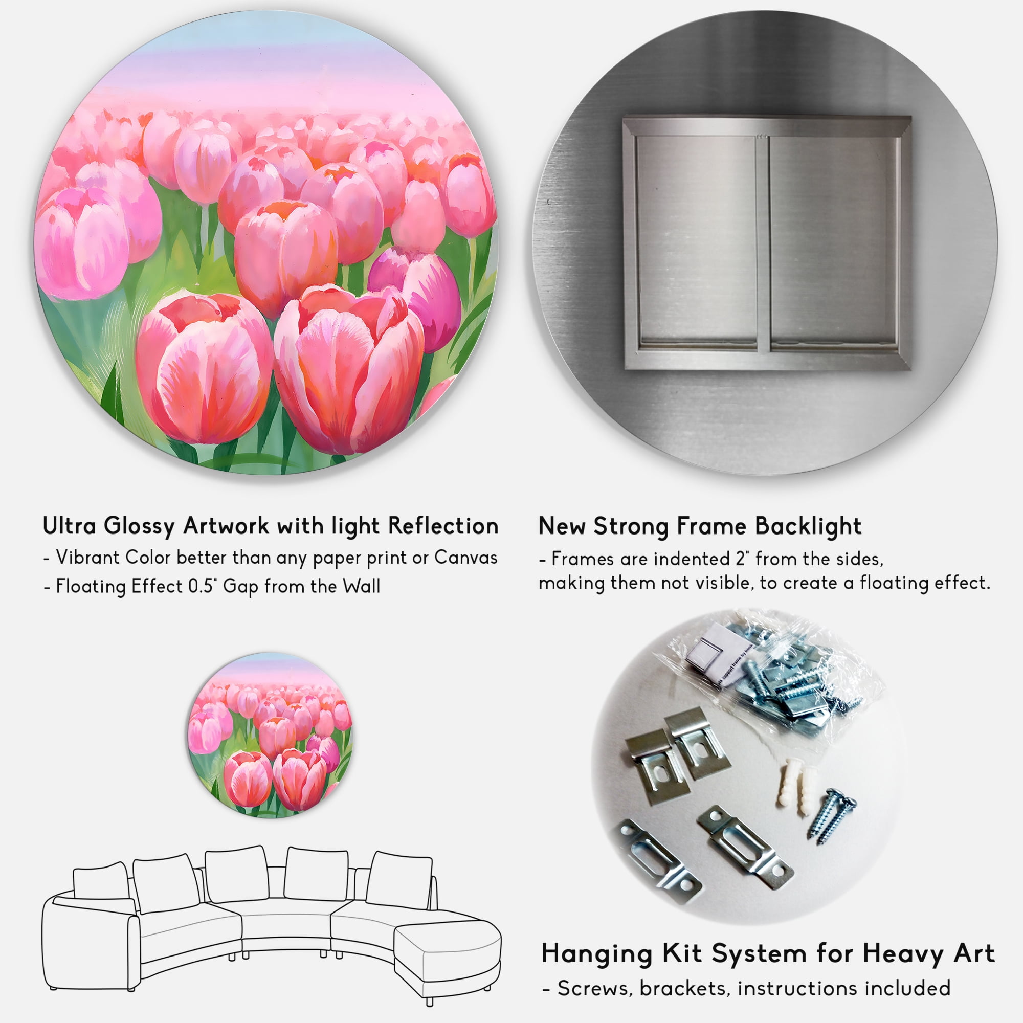 Designart 'Pink Tulips in Field' Traditional Circle Metal Wall Art 29x29 - Disc of 29