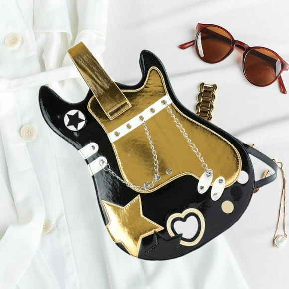 Mochila con forma de guitarra, cartera de piel sintética para trabajo, vacaciones, compras, vacaciones Negro
