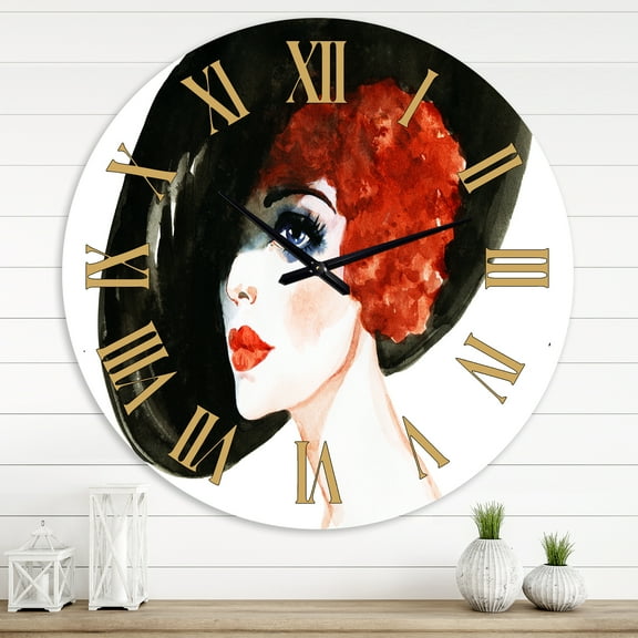 Designart 'Red Head Lady In Hat Portrait Of Woman' Modern Wall Clock