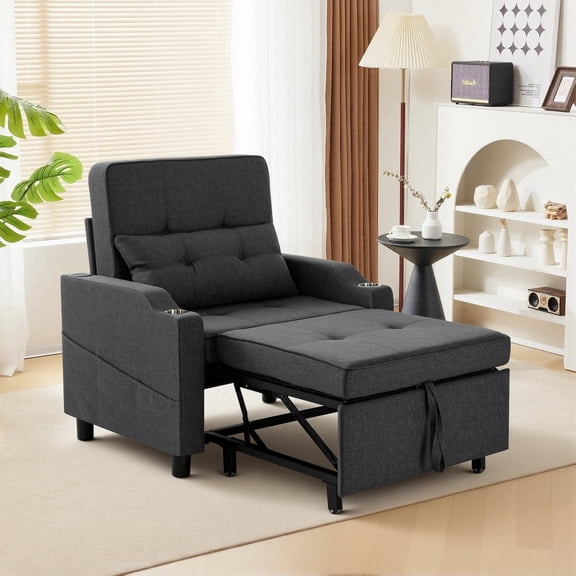 Sleeper Chair,Single Armchair Sofa with Pillow,Adjustable Backrest Modern Pull Out Couch Bed with USB Port Cup Holder Side Pocket,Dark Grey