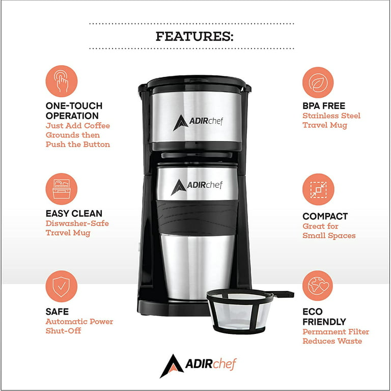 AdirChef Mini Single Serve Coffee Maker with 15 oz. Travel Mug - Red