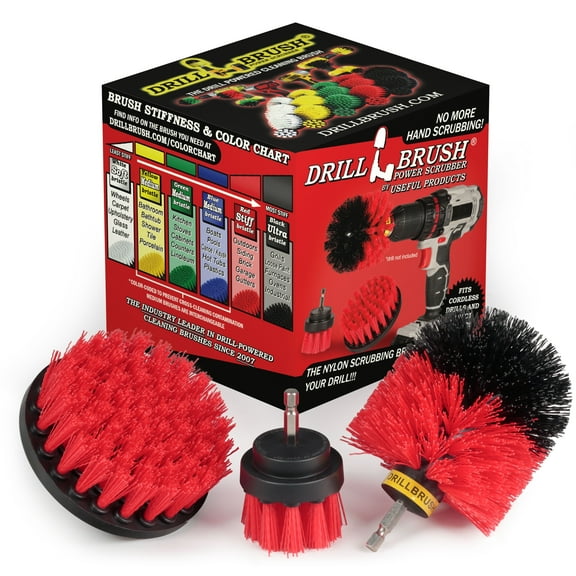 Drillbrush Red Heavy Duty Stiff Bristle Brush Kit – Power Scrubber Attachment for Concrete, Brick, Siding, Driveways, Fireplaces & Cemetery Headstone