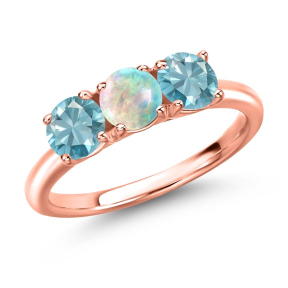 Gem Stone King 18K Rose Gold Plated Silver Simulated White Opal and Blue Zircon Engagement Ring for Women | 2.20 Cttw | Round Cabochon 5MM | Gemstone October Birthstone | Size 7