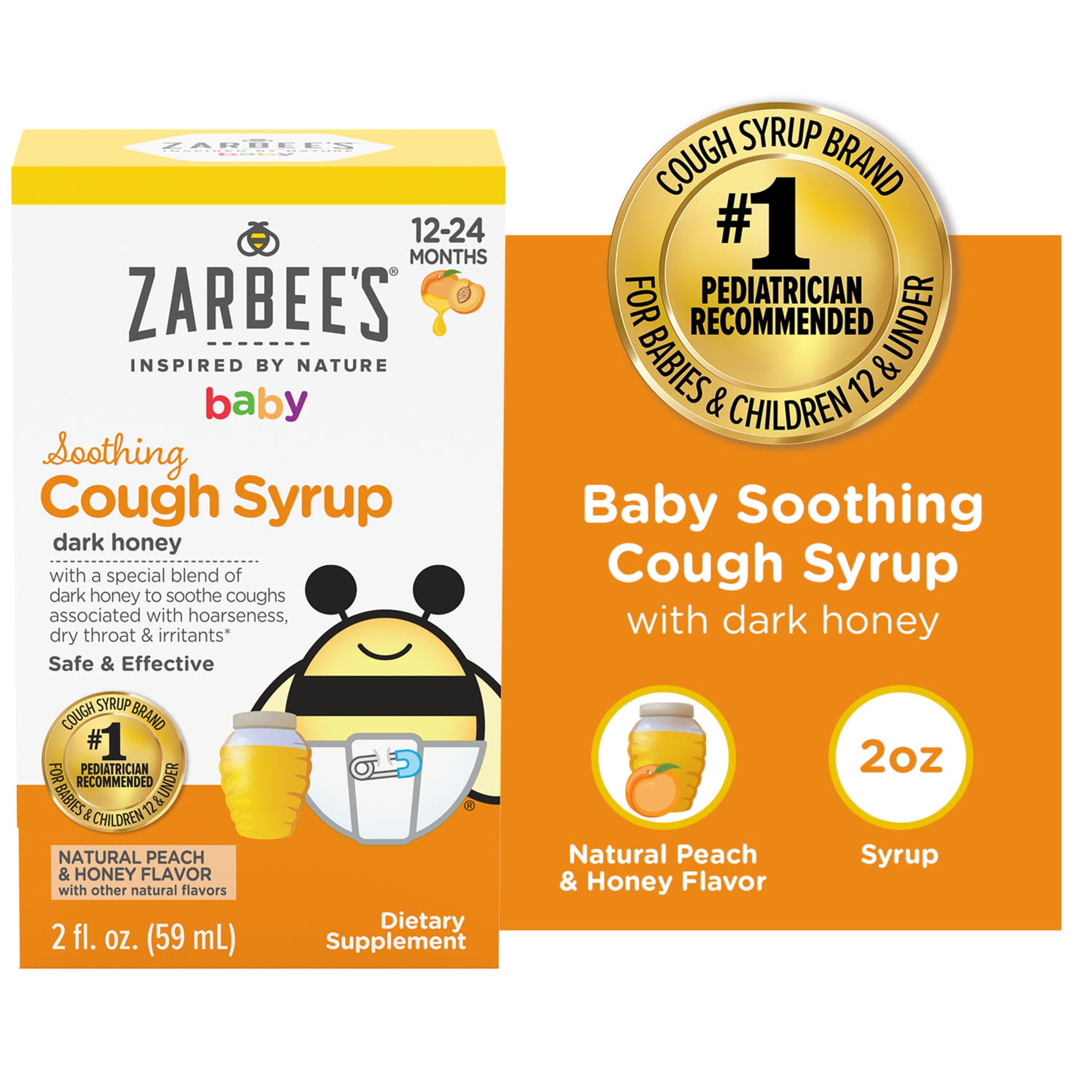 Zarbee's Baby Soothing Cough Syrup, Natural Peach & Honey Flavor, 2 fl oz