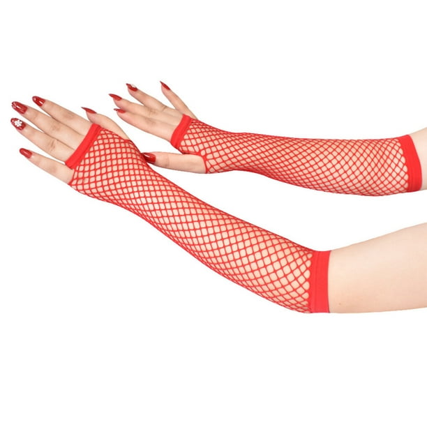 Becaristey 1 Pair Women Men Mesh Fishnet Gloves Party Mitts Costume Long  Mittens Decorative Nylon Unisex Cosplay Sleeve Clothing Red 1Set