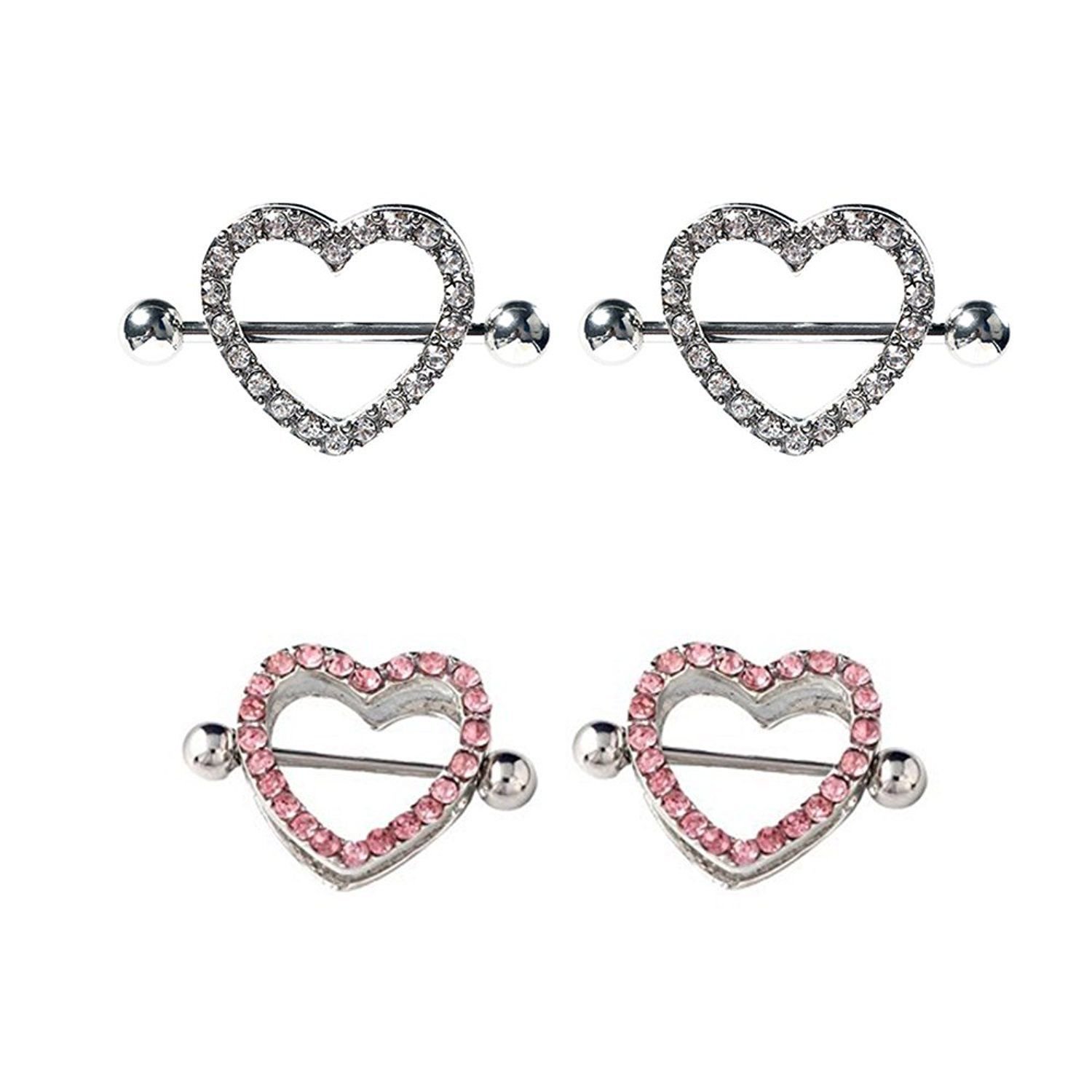 Nipple Shields Heart Surgical Steel with Pink and Clear Gem 2 pairs