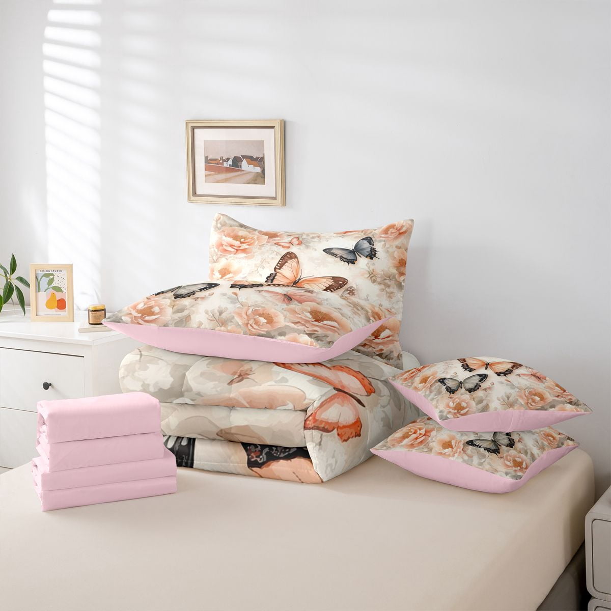Homewish Flying Butterflies 7-Piece Twin Bedding Sets For Female Teens Adults,Floral Blossoms Bedding Comforter Set,Spring Garden Breathable Sheet Sets,Super Cozy Room Decor,Reversible