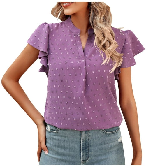 YYDGH Women's V Neck Ruffle Short Sleeve T-Shirts Summer Blouse Swiss Dot Flowy Tunic Top Purple M