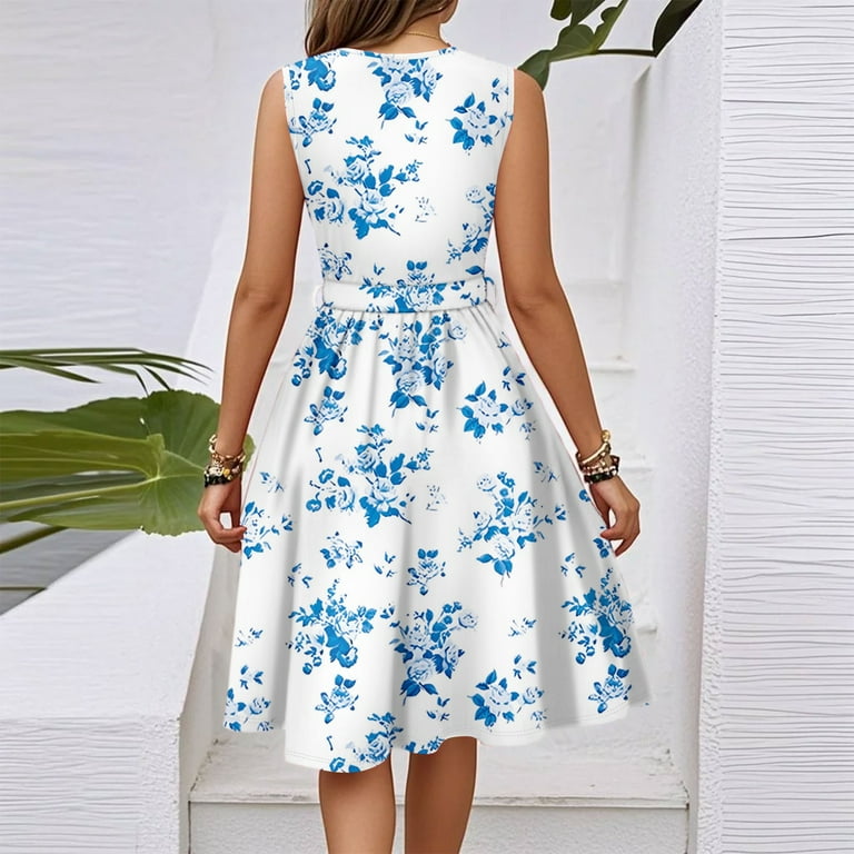 Sundresses For Women 2025, Casual V Neck Sleeveless Floral Tunic Tank Midi  Dress Cocktail Beach Vacation Long Sleeve Mini Dress Royal Blue T Shirt Dress  Spring Dresses (M, Cyan) ZMTing - Walmart.com