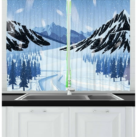Northwoods Curtains 2 Panels Set, Highlands Landscape with Mountains and Forest in a Blizzard Icy Roads, Window Drapes for Living Room Bedroom, 55W X 39L Inches, Baby Blue Black Blue, by