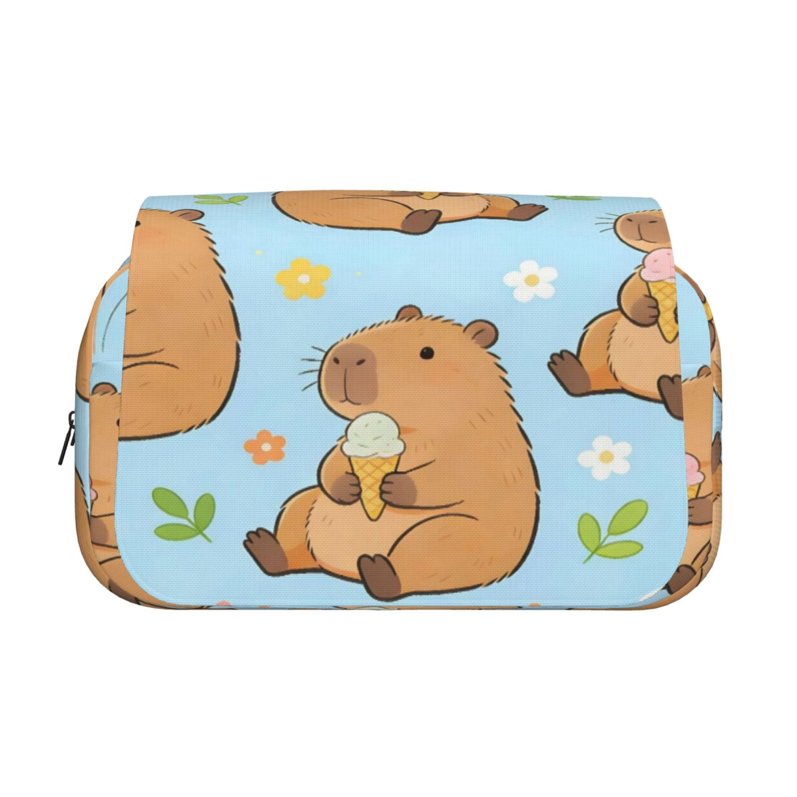 Large-Capacity Flip-Top Double-Layer Pencil Case, Multi-Functional Pocket Pen Case, Durable Stationery Organizer Cute Capybara Flower Balloon Blue Background