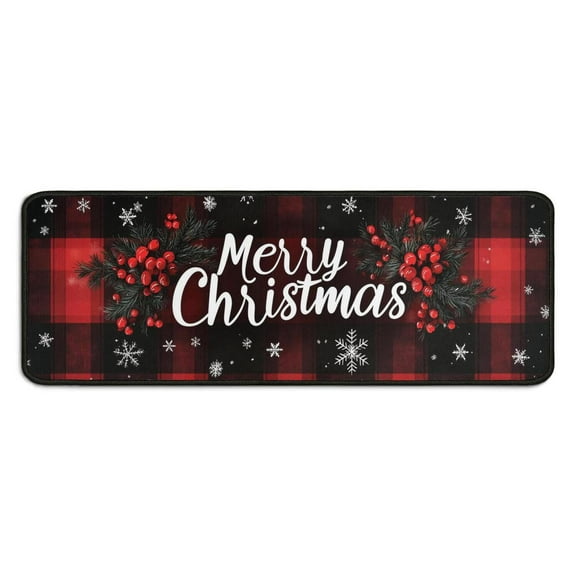 2 Piece Christmas Plaid Kitchen Rug Sets Colorful Balls Pine Trees Snowflake Kitchen Mats for Floor Absobent Kitchen Rugs and Matsfor Bathroom Room (47x17 30x17 Inches)