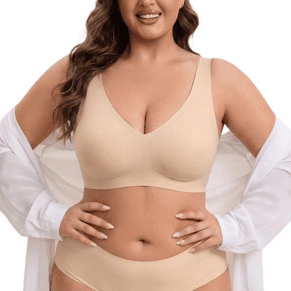 PINKSIR Plus Size Deep V Bras For Women Wireless Comfortable Bra Supportive No Underwire Bras Tshirt Push Up Bralettes Plunge Seamless Bra, 1X - 3X