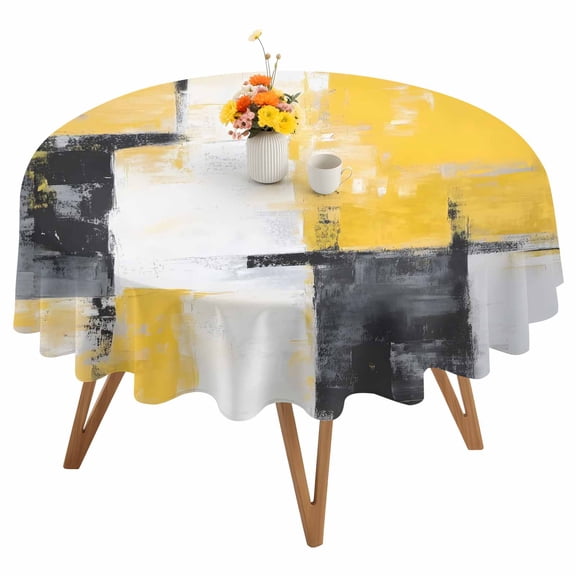 Abstract Mottled Round Tablecloth 54 inches Retro Yellow Gary Stitching Waterproof Oil-Proof Table Cloth Round Table Cover for Holiday Party Picnic Dinner Decor Indoor and Outdoor Use