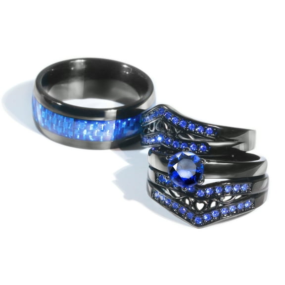 4pc His and Hers Wedding Ring Sets Couples Rings Black Gold Plated Blue Cz Stainless steel band