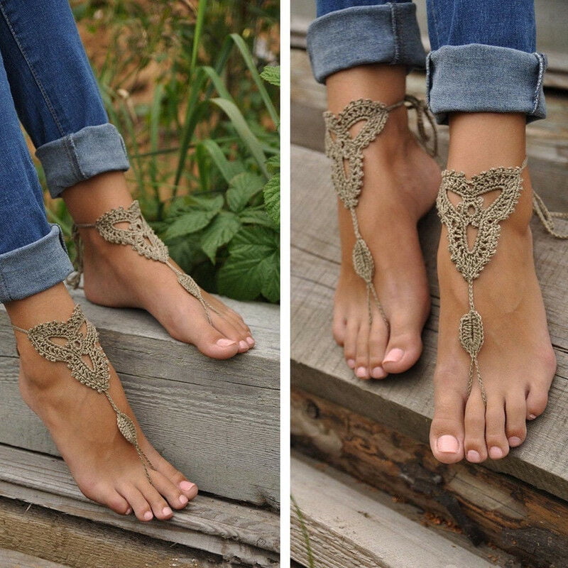 Women Floral Crochet Knit Barefoot Sandals Beach Wedding Party Anklets