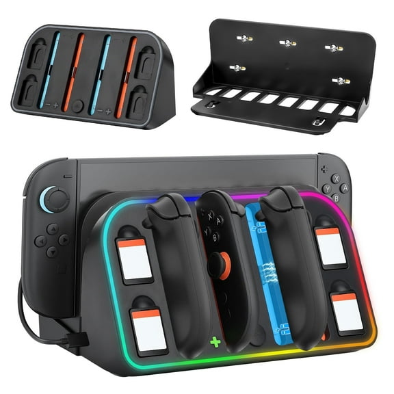 TSV Wall Mount Charging Dock Fit for Nintendo Switch 2 (2025), RGB Console Holder with 4 Joy-Con Charging Ports and 4 Game Card Slots