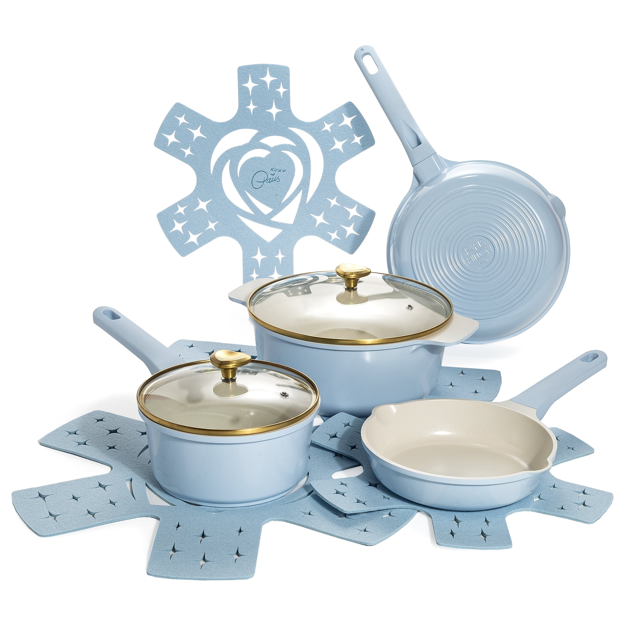 Paris Hilton 10-Piece Clean Ceramic Nonstick Cooking Pots and Pans with Lids Cookware Set with Heart Shaped Lid Knobs, Blue