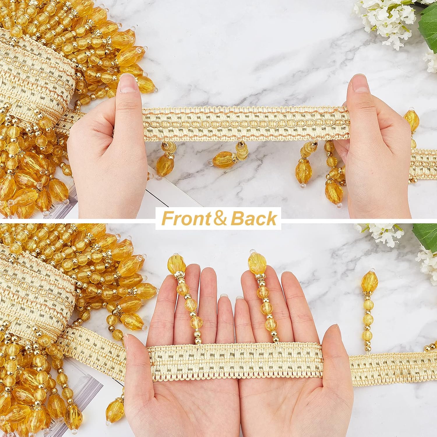 6m Hanging Beads Tassel Trim Fringe Fabric Ribbon Trimming Trim (Gold)